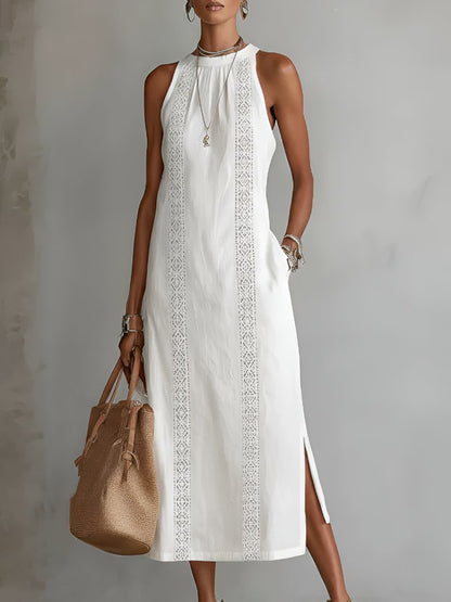 Women's Sleeveless Crew Neck Embroidered Midi Dress