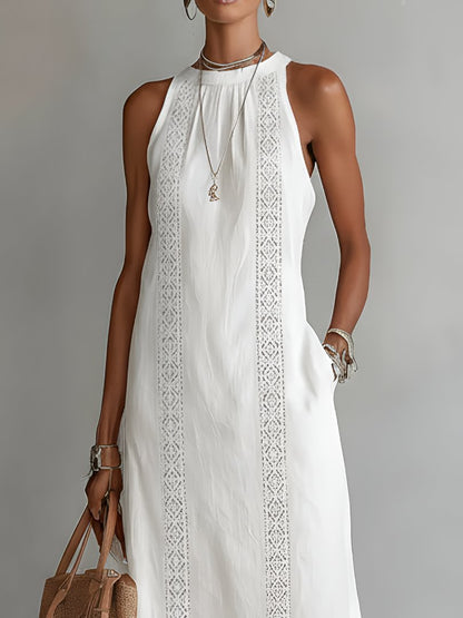 Women's Sleeveless Crew Neck Embroidered Midi Dress