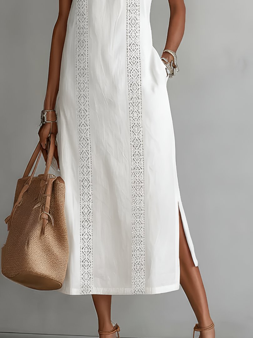 Women's Sleeveless Crew Neck Embroidered Midi Dress