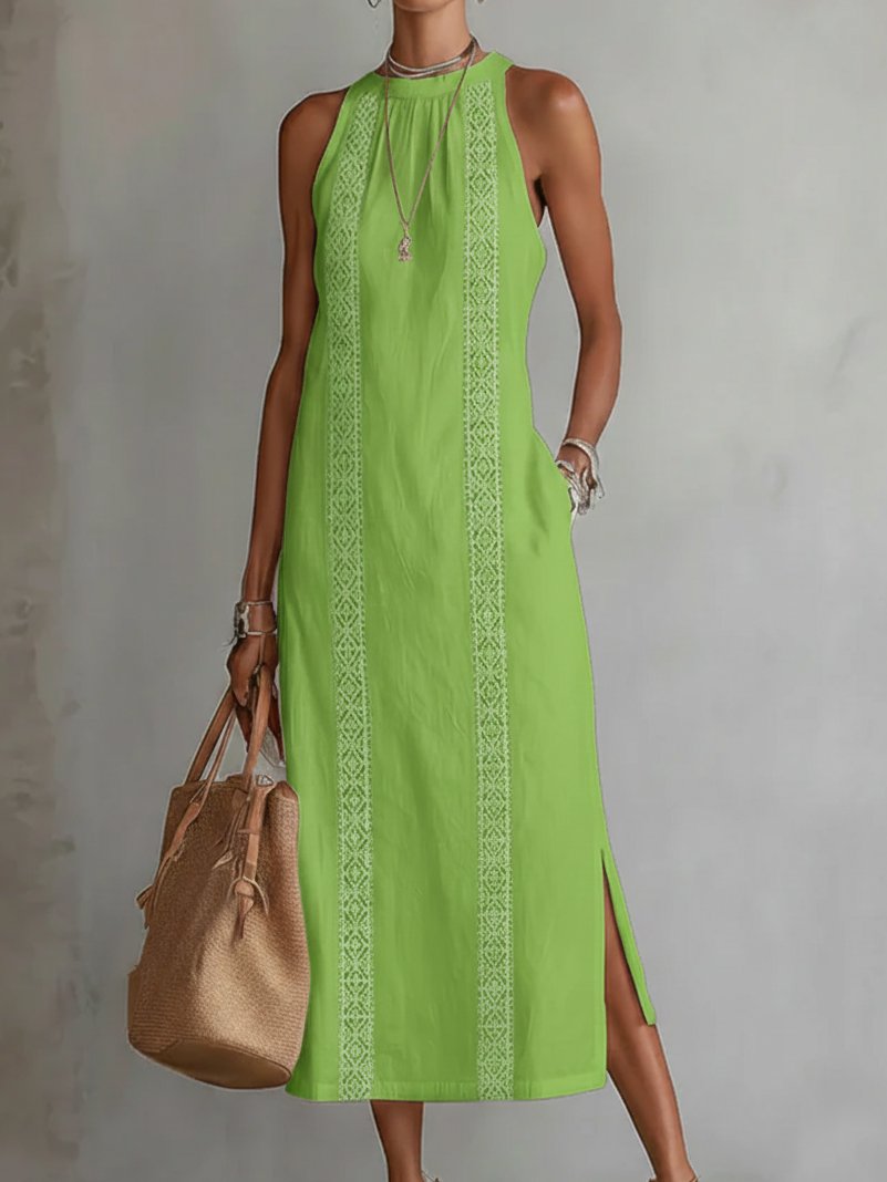 Women's Sleeveless Crew Neck Embroidered Midi Dress