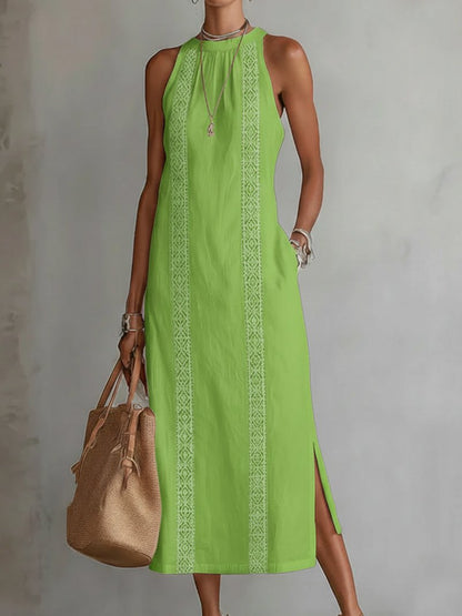 Women's Sleeveless Crew Neck Embroidered Midi Dress