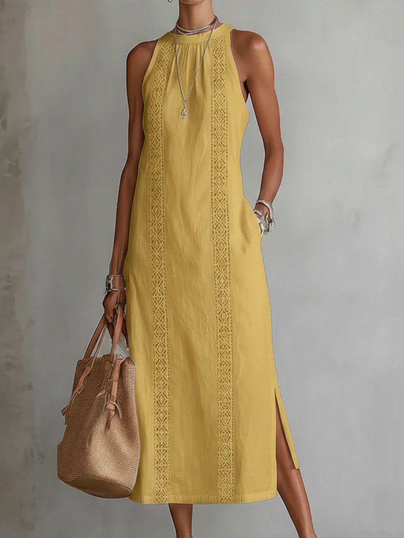 Women's Sleeveless Crew Neck Embroidered Midi Dress