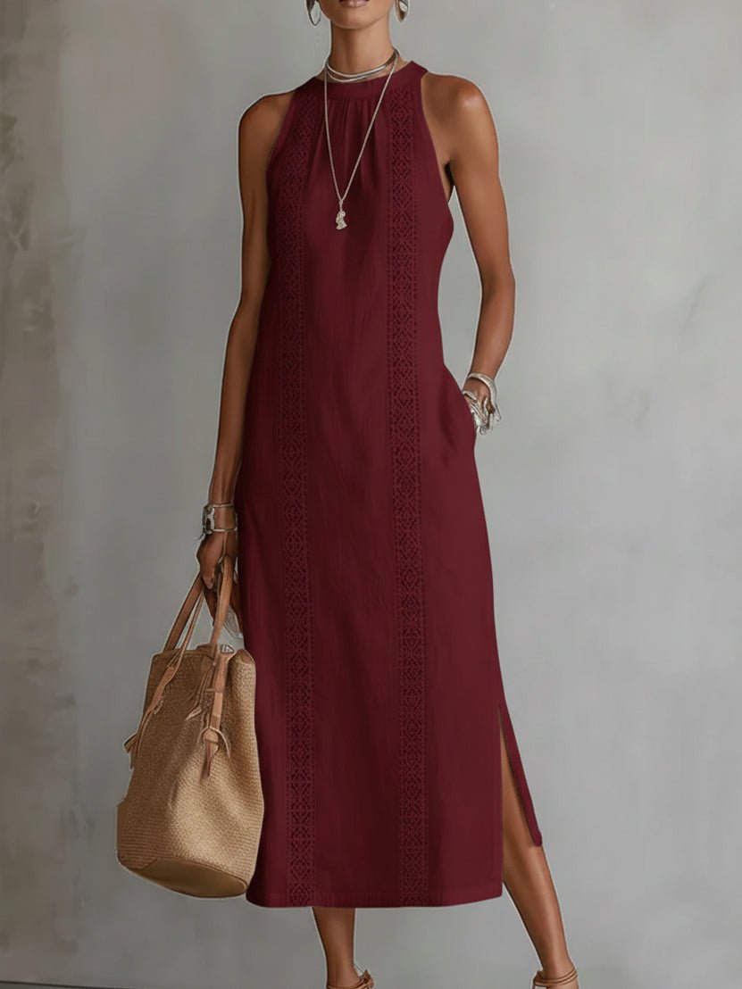 Women's Sleeveless Crew Neck Embroidered Midi Dress