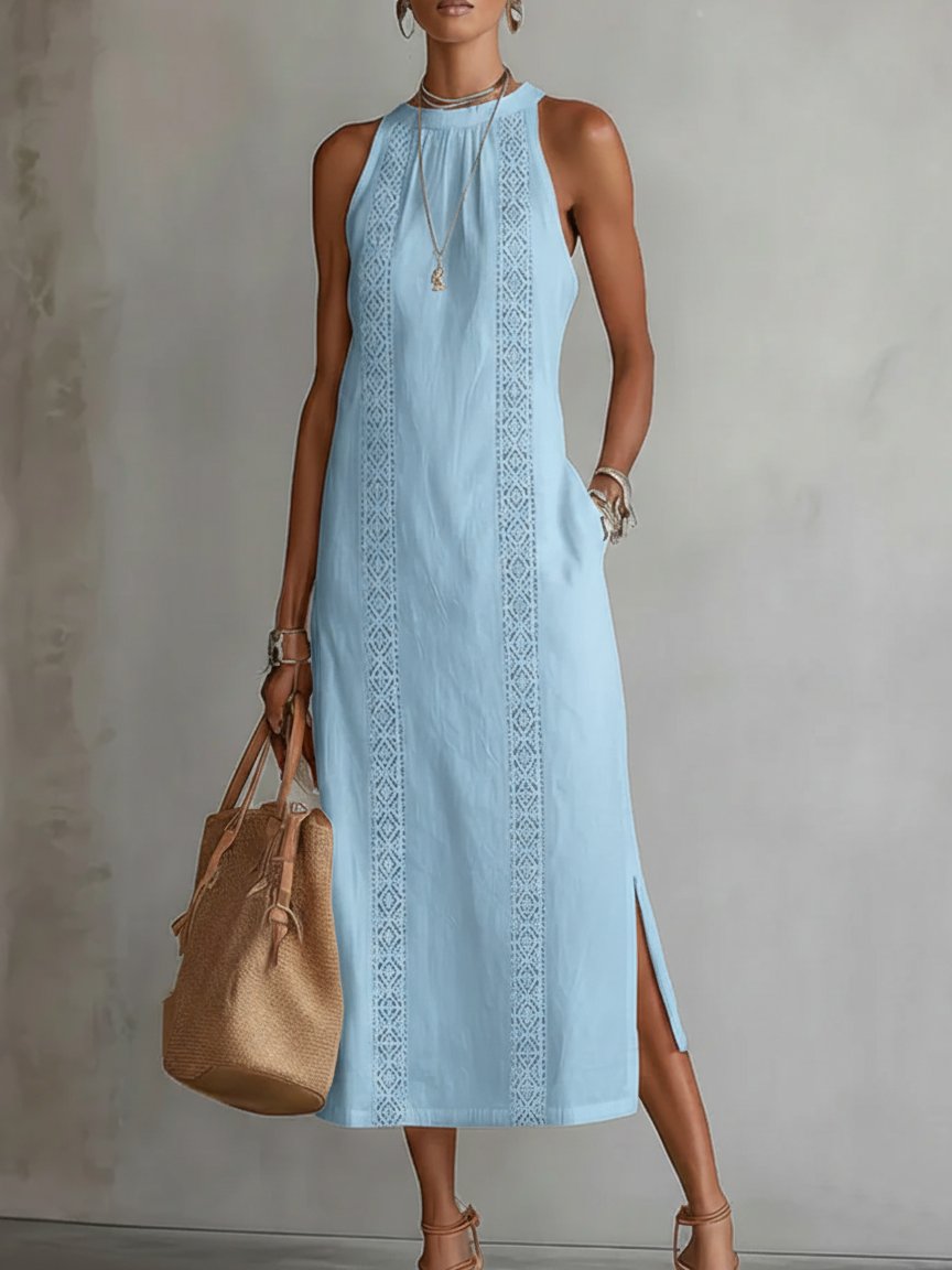 Women's Sleeveless Crew Neck Embroidered Midi Dress