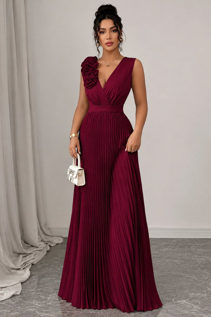 V-Neck Pleated Maxi Dress with Floral Appliqué
