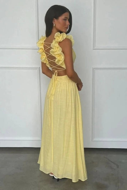 V-Neck Pleated Maxi Dress with Floral Appliqué