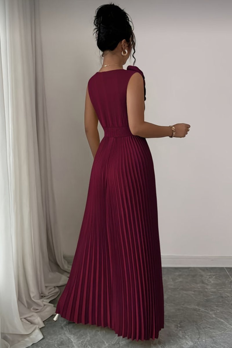 V-Neck Pleated Maxi Dress with Floral Appliqué