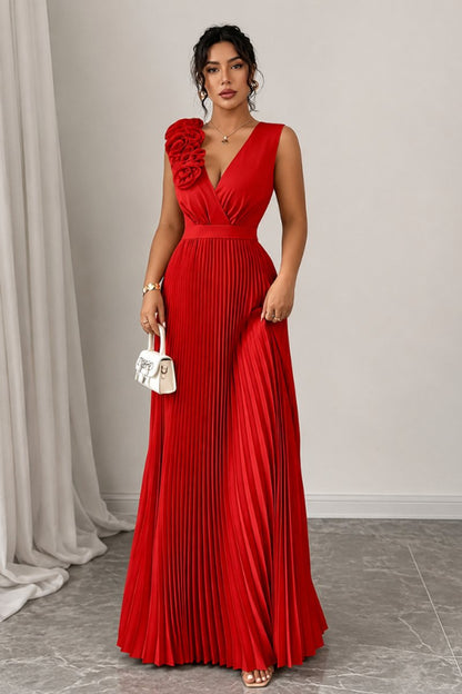 V-Neck Pleated Maxi Dress with Floral Appliqué