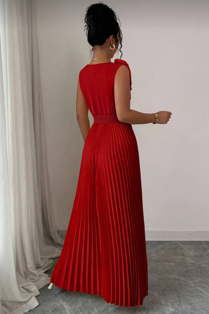 V-Neck Pleated Maxi Dress with Floral Appliqué