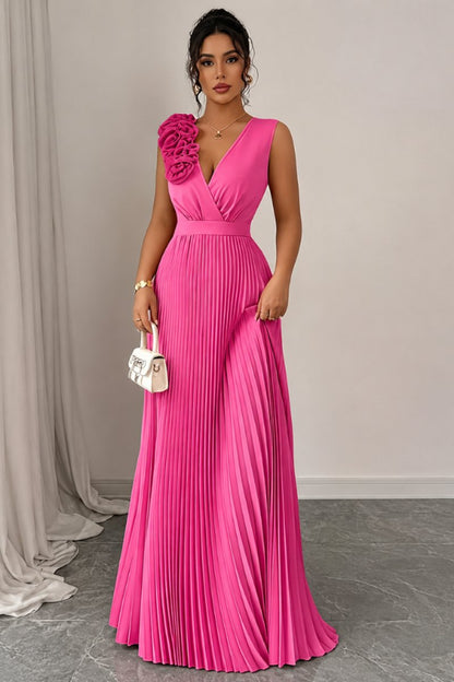 V-Neck Pleated Maxi Dress with Floral Appliqué