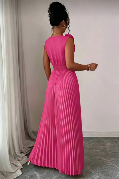 V-Neck Pleated Maxi Dress with Floral Appliqué