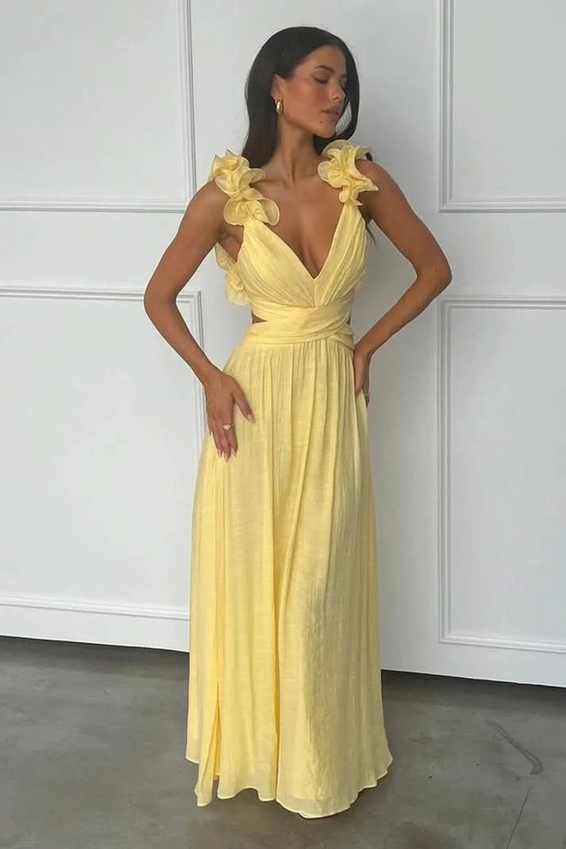 V-Neck Pleated Maxi Dress with Floral Appliqué
