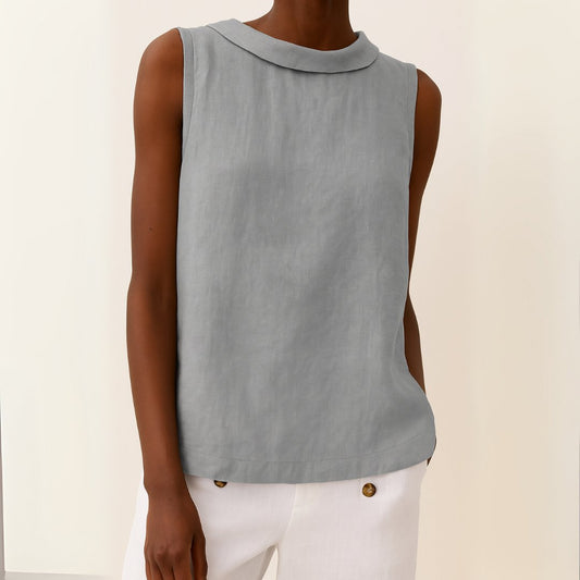 Women's Mandarin Collar Linen-Blend Sleeveless Top