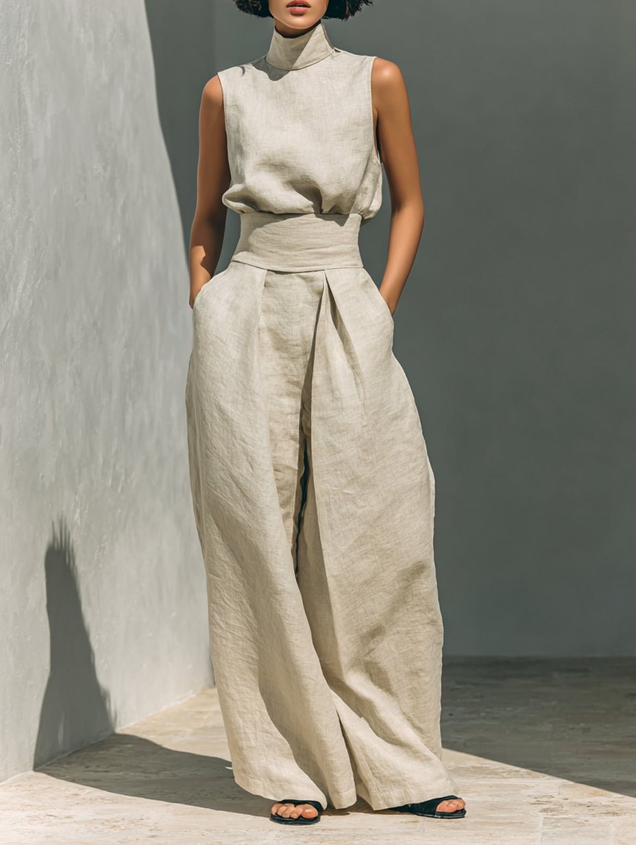 Cotton-Linen High-Neck Top and Wide-Leg Trousers Set