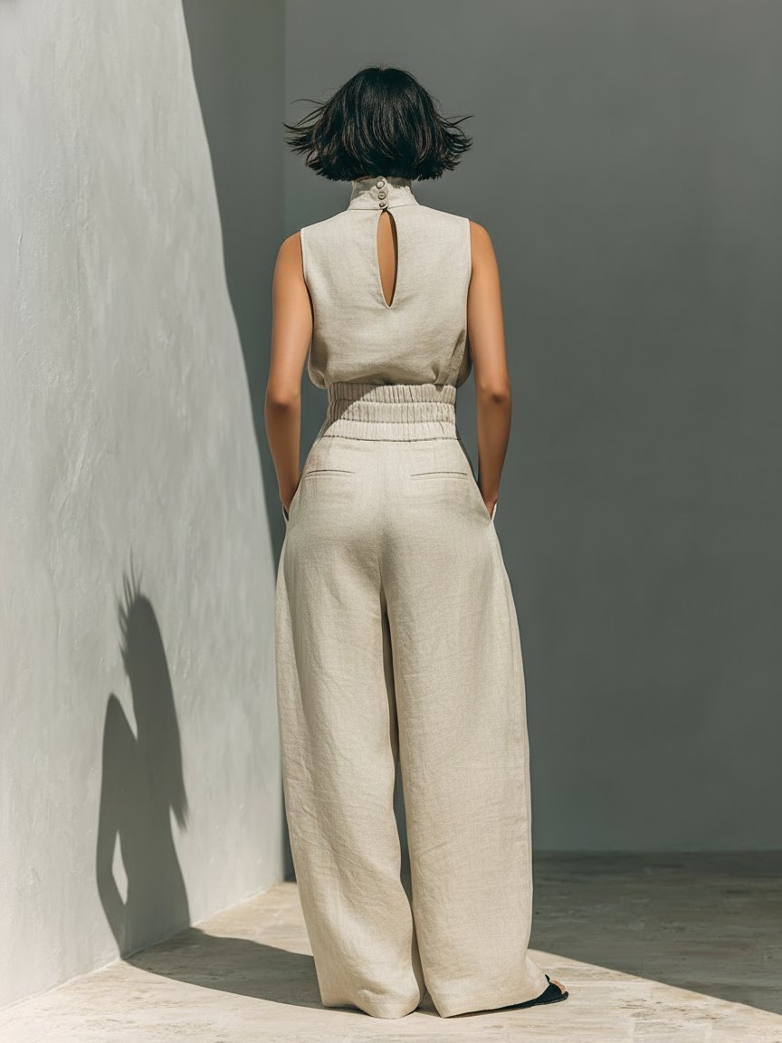 Cotton-Linen High-Neck Top and Wide-Leg Trousers Set