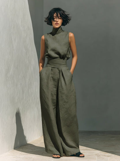 Cotton-Linen High-Neck Top and Wide-Leg Trousers Set
