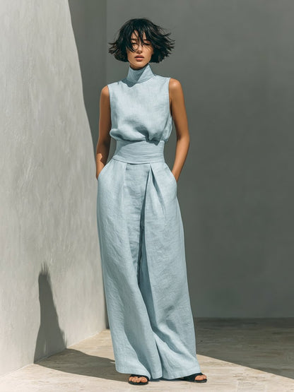 Cotton-Linen High-Neck Top and Wide-Leg Trousers Set