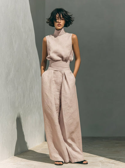 Cotton-Linen High-Neck Top and Wide-Leg Trousers Set