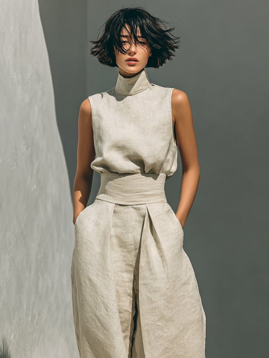 Cotton-Linen High-Neck Top and Wide-Leg Trousers Set