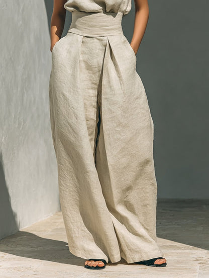 Cotton-Linen High-Neck Top and Wide-Leg Trousers Set