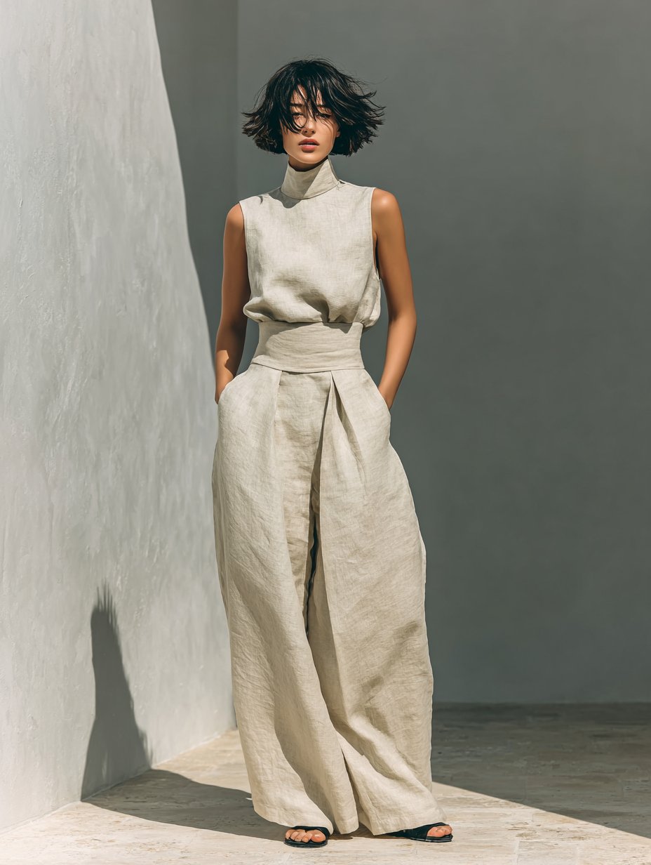 Cotton-Linen High-Neck Top and Wide-Leg Trousers Set