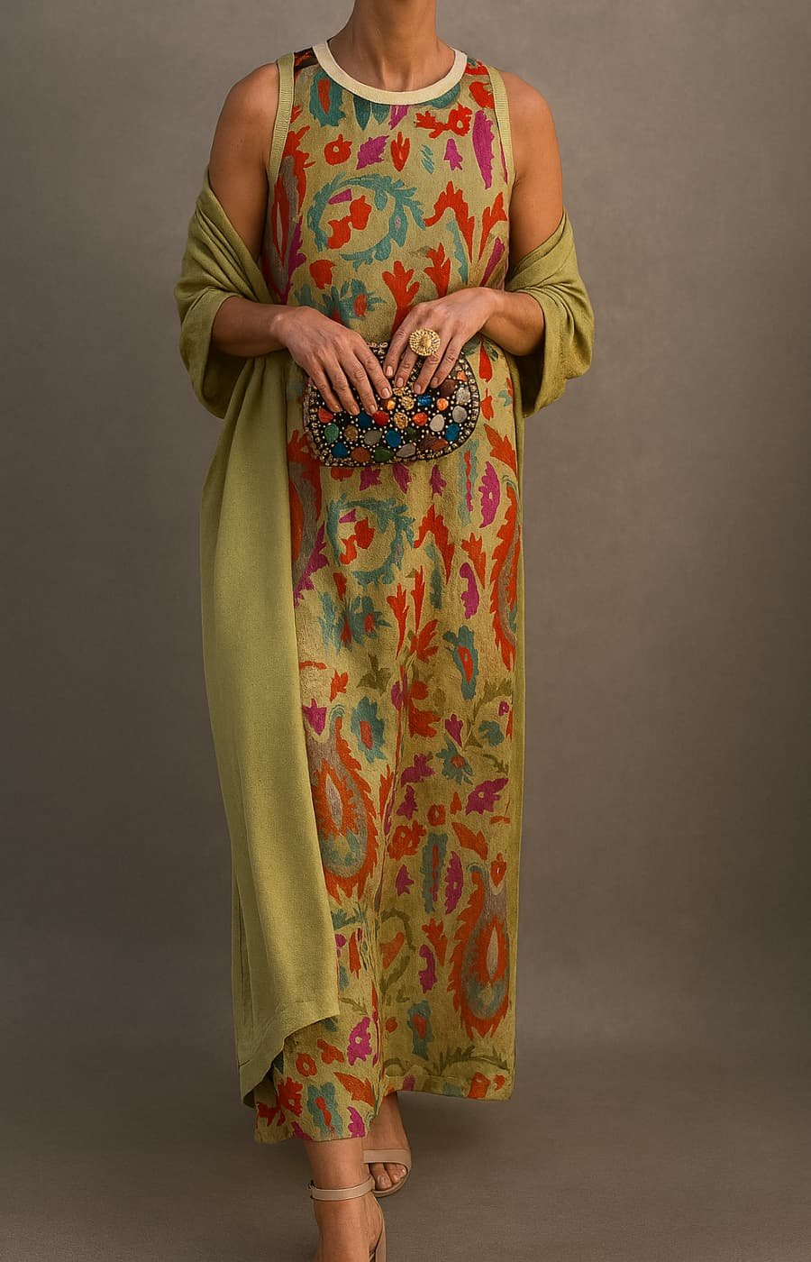 Floral Botanical Sleeveless Maxi Dress with Matching Scarf