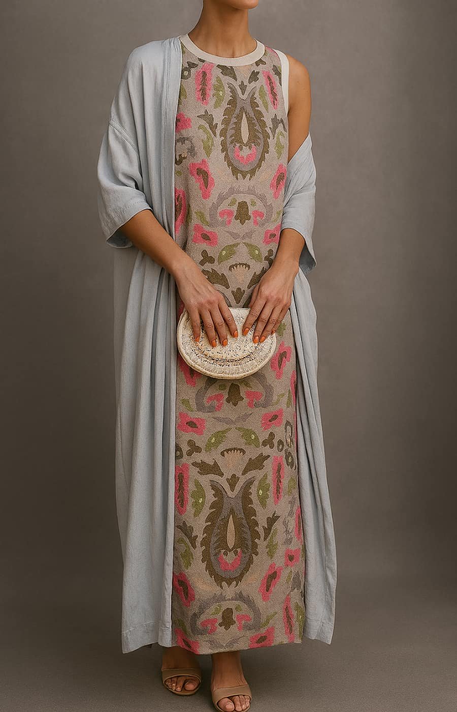 Floral Botanical Sleeveless Maxi Dress with Matching Scarf