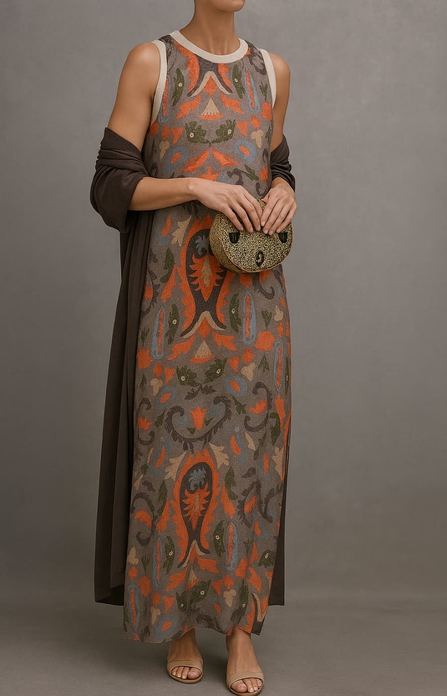 Floral Botanical Sleeveless Maxi Dress with Matching Scarf