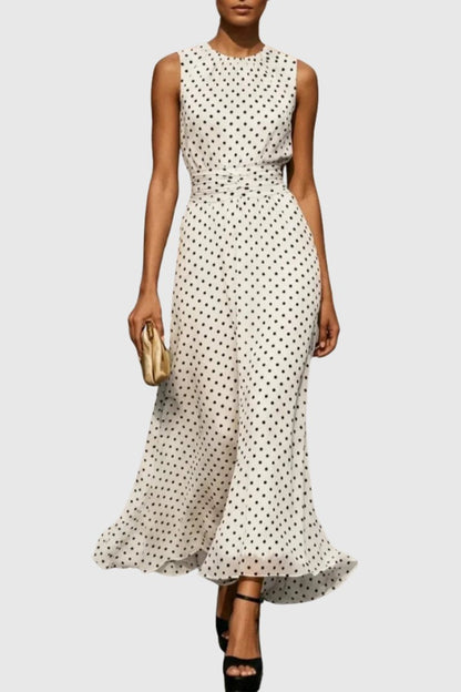 Sleeveless Polka Dot Maxi Dress with Ruffled Hem