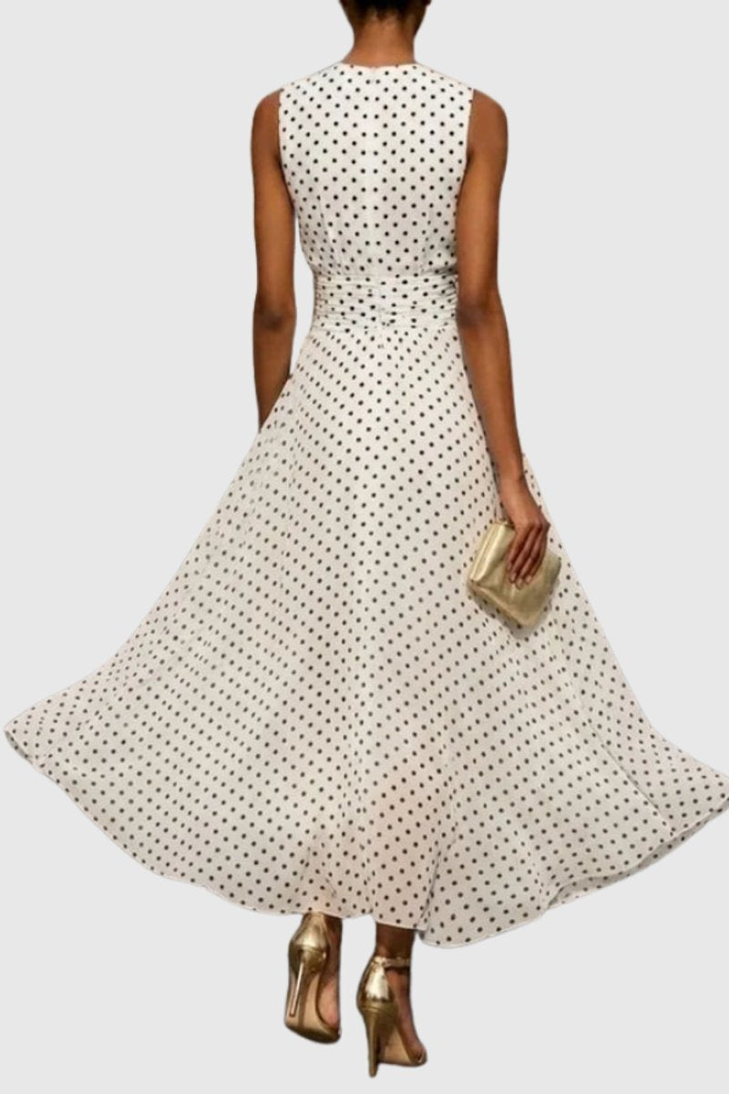 Sleeveless Polka Dot Maxi Dress with Ruffled Hem