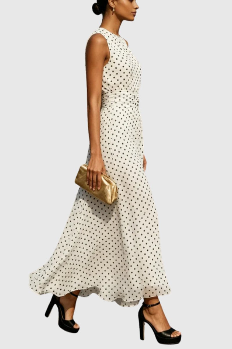 Sleeveless Polka Dot Maxi Dress with Ruffled Hem