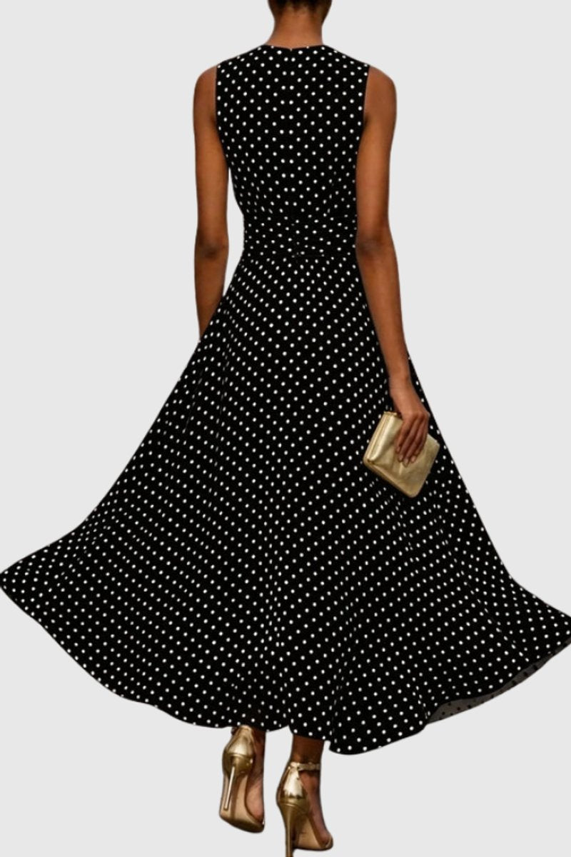 Sleeveless Polka Dot Maxi Dress with Ruffled Hem