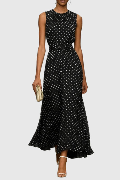 Sleeveless Polka Dot Maxi Dress with Ruffled Hem