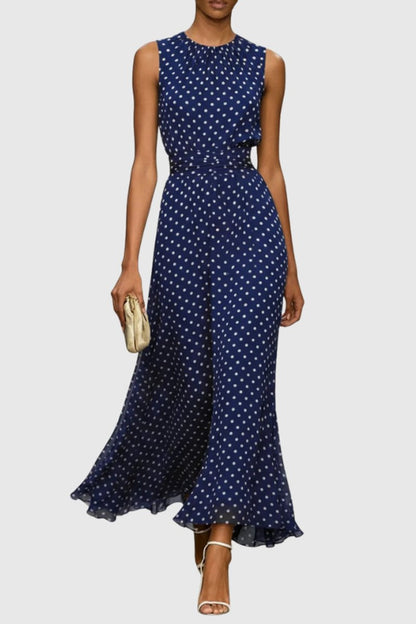 Sleeveless Polka Dot Maxi Dress with Ruffled Hem