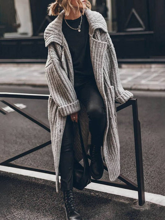 Chunky Ribbed Longline Cardigan with Lapel Collar