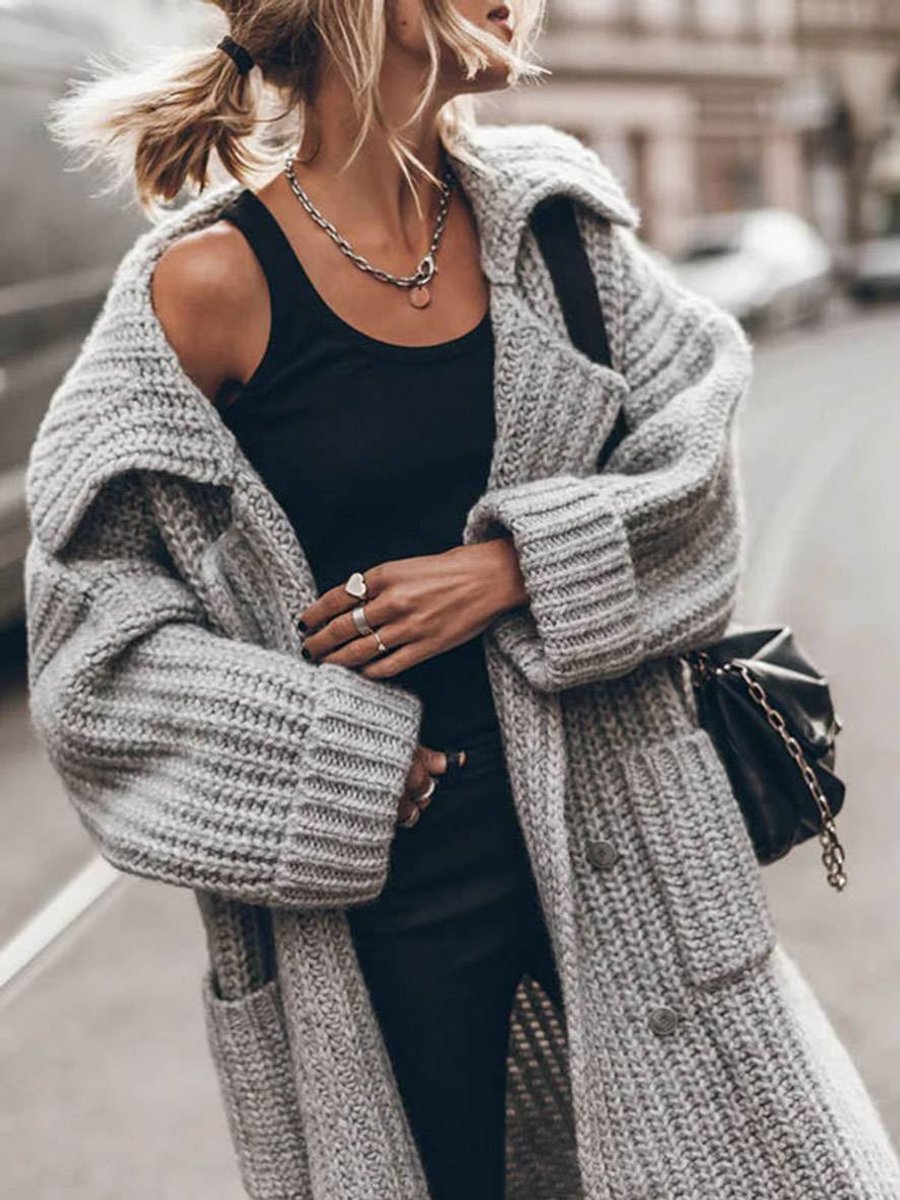Chunky Ribbed Longline Cardigan with Lapel Collar
