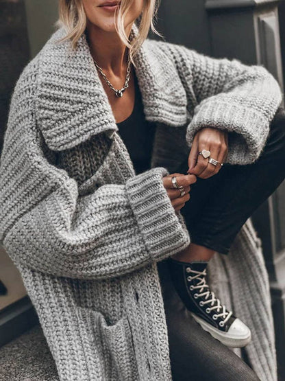 Chunky Ribbed Longline Cardigan with Lapel Collar