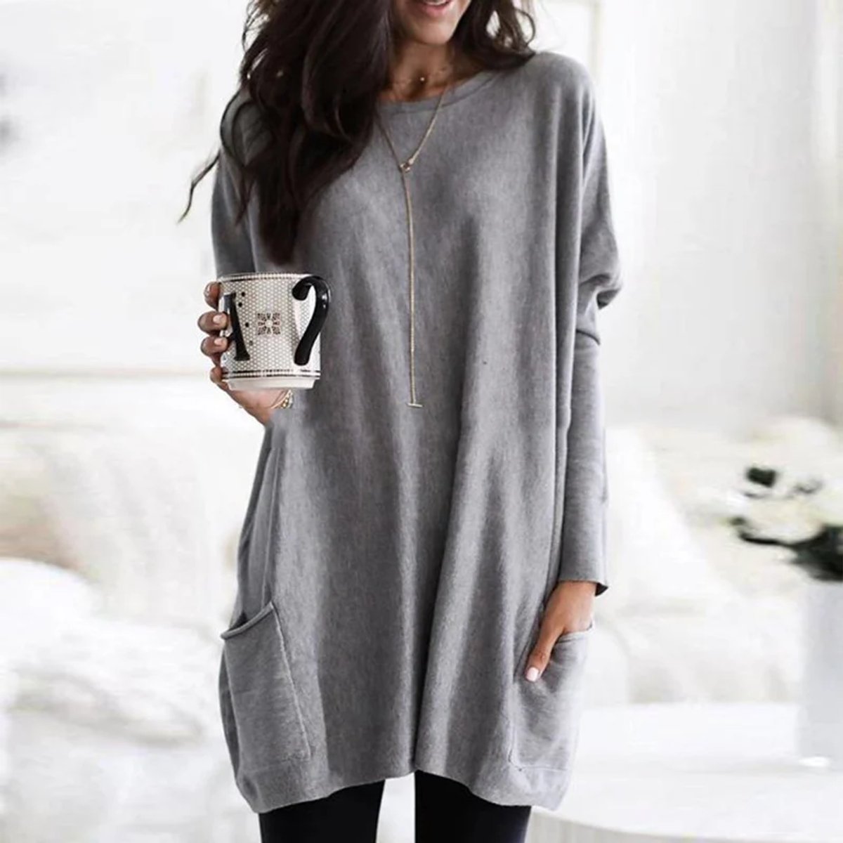 Slouchy Crew-Neck Tunic with Front Pockets