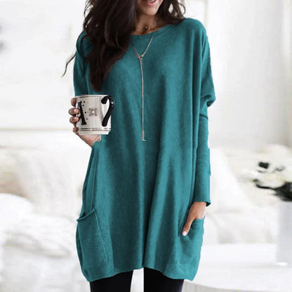Slouchy Crew-Neck Tunic with Front Pockets