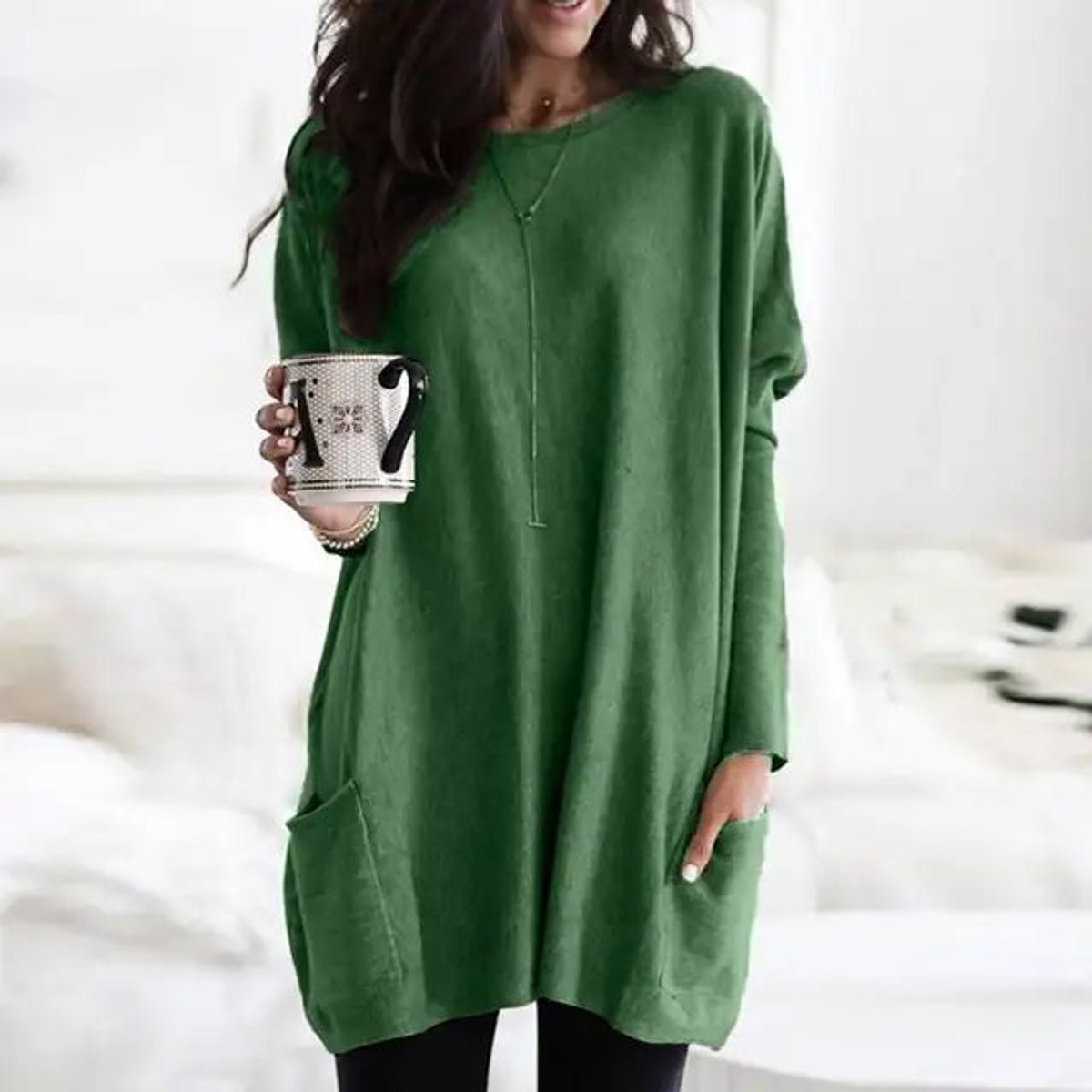 Slouchy Crew-Neck Tunic with Front Pockets