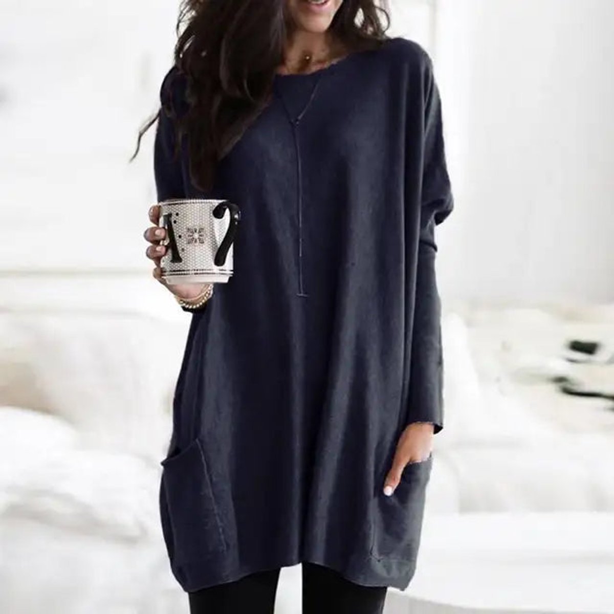 Slouchy Crew-Neck Tunic with Front Pockets