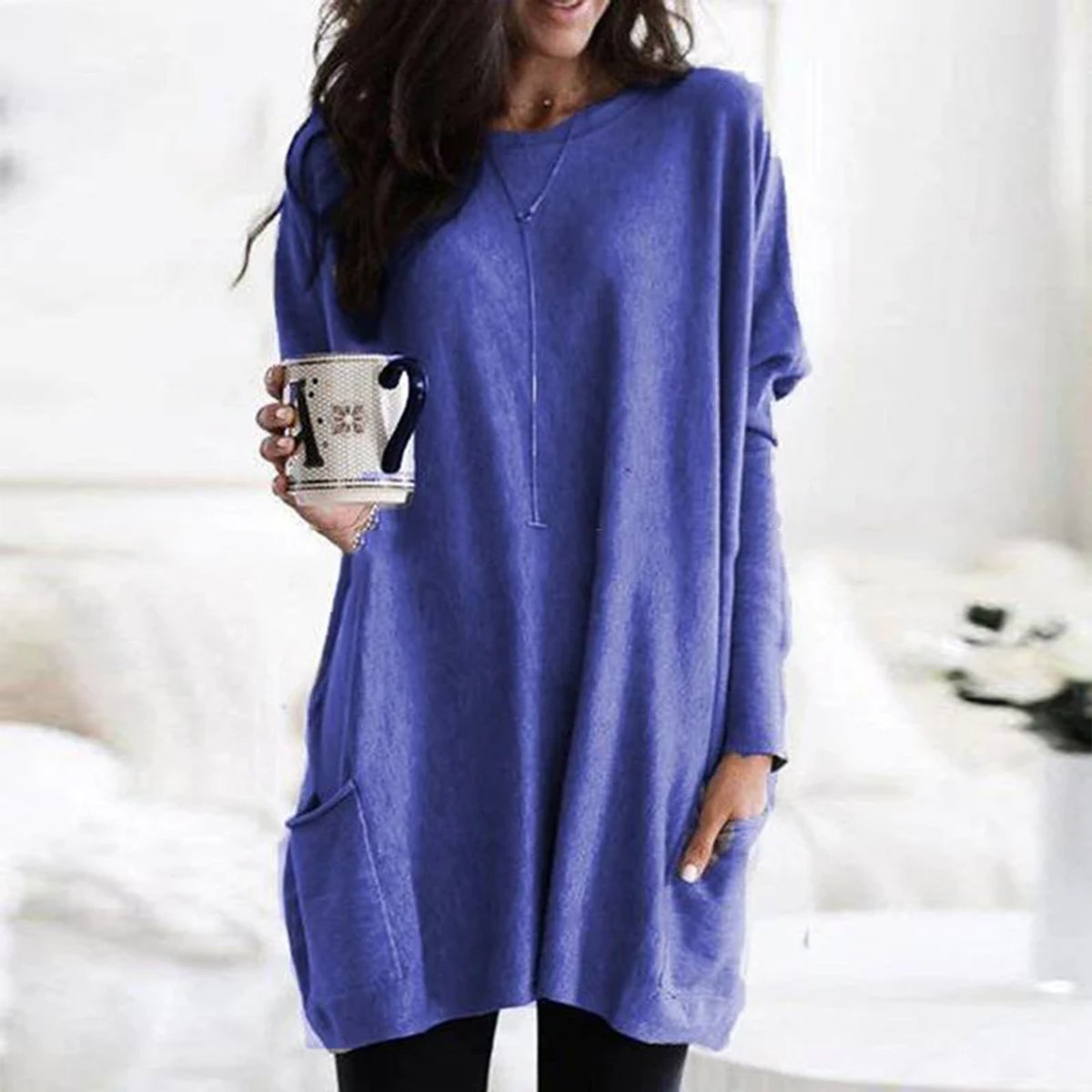 Slouchy Crew-Neck Tunic with Front Pockets