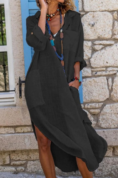 Linen-Blend Relaxed Midi Dress with Button Cuffs