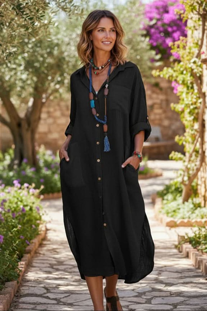 Linen-Blend Relaxed Midi Dress with Button Cuffs