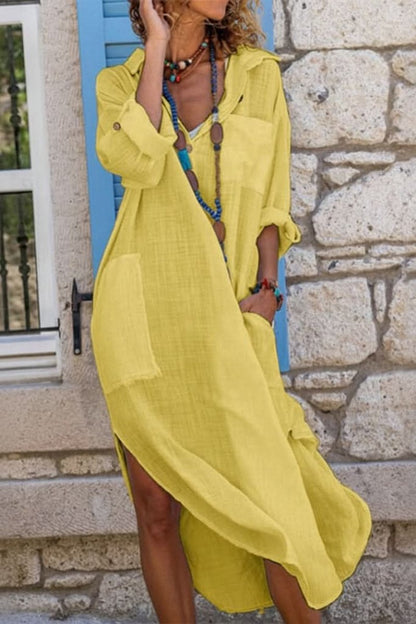 Linen-Blend Relaxed Midi Dress with Button Cuffs