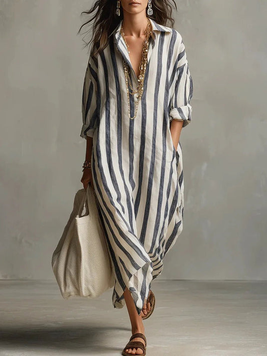 Women's Striped Linen-Blend Maxi Shirt Dress with Roll-Up Sleeves