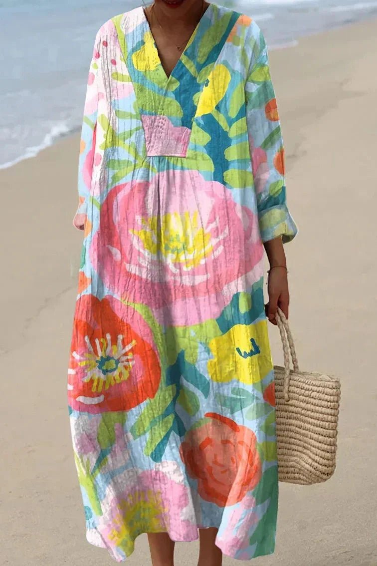 Floral Linen Smocked Empire Maxi Dress