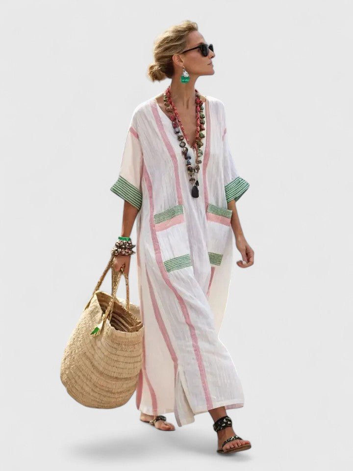Linen Stripe V-Neck Maxi Dress