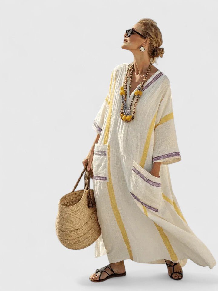 Linen Stripe V-Neck Maxi Dress