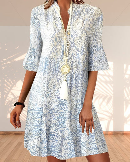 Paisley Print 3/4 Sleeve V-Neck Day Dress